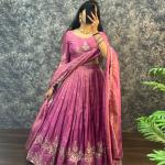 “Festive Elegance South Tissue Embroidered Lehenga Set – Wine & Lavender Edition”