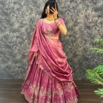 “Festive Elegance South Tissue Embroidered Lehenga Set – Wine & Lavender Edition”