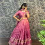 “Festive Elegance South Tissue Embroidered Lehenga Set – Wine & Lavender Edition”