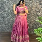 “Festive Elegance South Tissue Embroidered Lehenga Set – Wine & Lavender Edition”