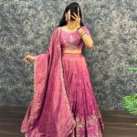“Festive Elegance South Tissue Embroidered Lehenga Set – Wine & Lavender Edition”