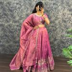 “Festive Elegance South Tissue Embroidered Lehenga Set – Wine & Lavender Edition”