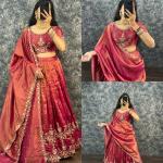 “Festive Elegance South Tissue Embroidered Lehenga Set – Wine & Lavender Edition”