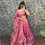 “Festive Elegance South Tissue Embroidered Lehenga Set – Wine & Lavender Edition”