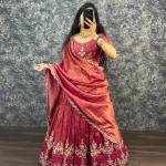 “Festive Elegance South Tissue Embroidered Lehenga Set – Wine & Lavender Edition”