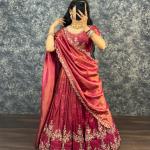 “Festive Elegance South Tissue Embroidered Lehenga Set – Wine & Lavender Edition”