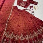 “Festive Elegance South Tissue Embroidered Lehenga Set – Wine & Lavender Edition”