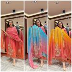 “Eleganz Pure Softy Chinon Silk Kurti Set with Aari & Hand Work – 3-Piece Premium Festive Collection”