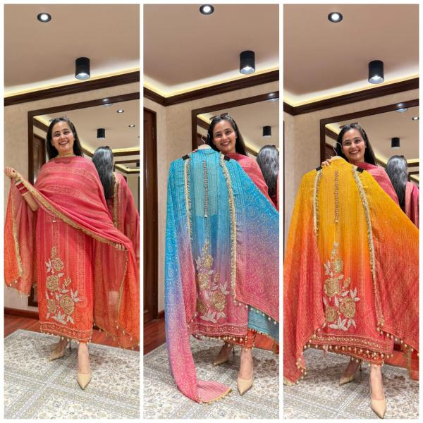 “Eleganz Pure Softy Chinon Silk Kurti Set with Aari & Hand Work – 3-Piece Premium Festive Collection”