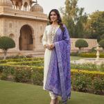 Banarasi Bandhej Banana Silk Suit Set – Embroidered Kurti Pant Dupatta Festive Wear