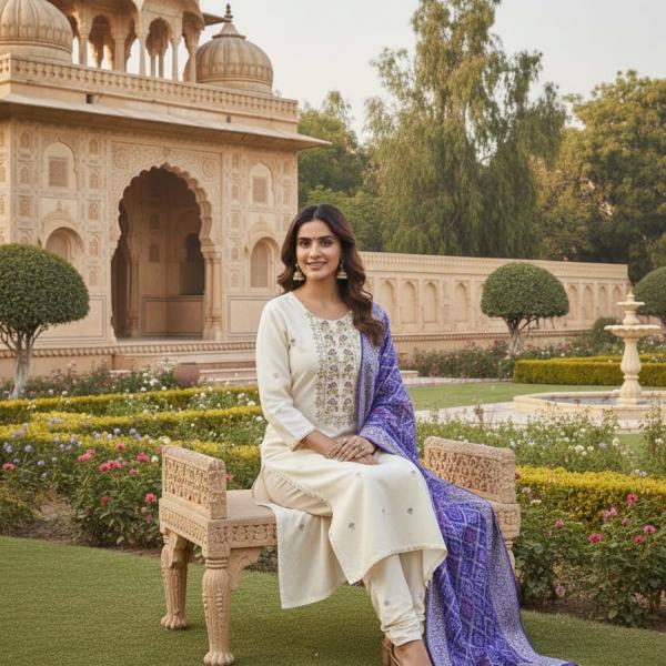 Banarasi Bandhej Banana Silk Suit Set – Embroidered Kurti Pant Dupatta Festive Wear