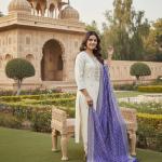 Banarasi Bandhej Banana Silk Suit Set – Embroidered Kurti Pant Dupatta Festive Wear
