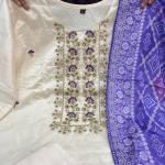 Banarasi Bandhej Banana Silk Suit Set – Embroidered Kurti Pant Dupatta Festive Wear