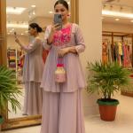 Lavender Embroidered Kurta Set with Contrast Magenta Yoke & Pearl Tassels – Festive Wear Suit for Women