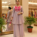 Lavender Embroidered Kurta Set with Contrast Magenta Yoke & Pearl Tassels – Festive Wear Suit for Women