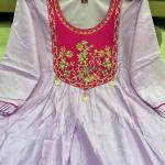 Lavender Embroidered Kurta Set with Contrast Magenta Yoke & Pearl Tassels – Festive Wear Suit for Women