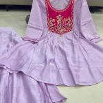 Lavender Embroidered Kurta Set with Contrast Magenta Yoke & Pearl Tassels – Festive Wear Suit for Women