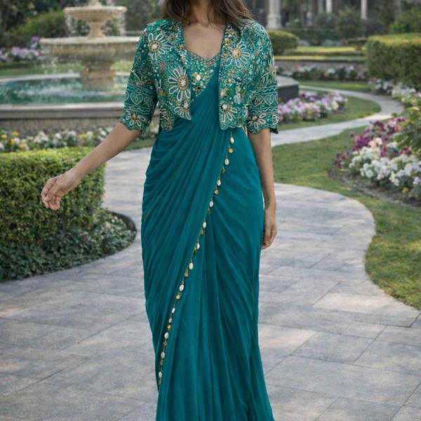 Crepe Silk Ready-to-Wear Saree with Embroidered Koti