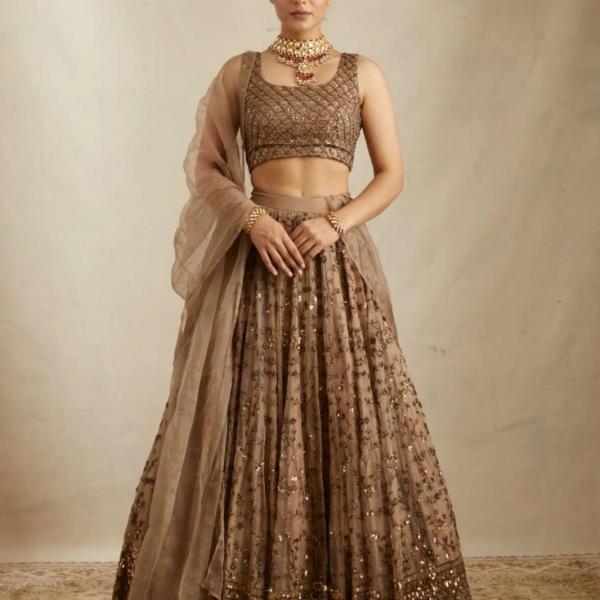 Elegant Brown Net Lehenga Set with Sequins & Zari Embroidery