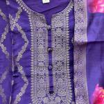 Banarasi Silk Suit Set with Zari Work & Pearl Bracelet – 4 Piece Ready-Made Festive Wear for Women