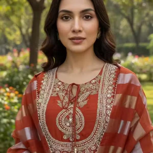 Designer Vichitra Silk Embroidered Top Bottom Set with Jacquard Dupatta