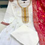 Pure Kanjivaram Silk Embroidered Kurta Set with Zari Dupatta – Festive 3 Piece Suit for Women