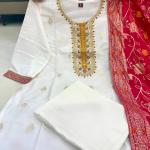 Pure Kanjivaram Silk Embroidered Kurta Set with Zari Dupatta – Festive 3 Piece Suit for Women