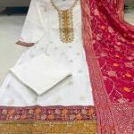Pure Kanjivaram Silk Embroidered Kurta Set with Zari Dupatta – Festive 3 Piece Suit for Women