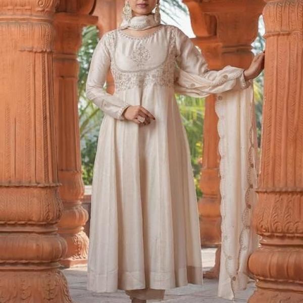 Designer Embroidered Vichitra Anarkali Kurta Pant Set with Dupatta