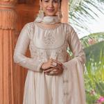 Designer Embroidered Vichitra Anarkali Kurta Pant Set with Dupatta