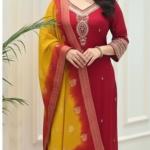 Luxury Berry Silk Embroidered Kurta Pant Set with Kanjivaram Zari Dupatta