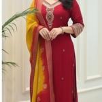 Luxury Berry Silk Embroidered Kurta Pant Set with Kanjivaram Zari Dupatta