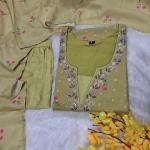 Premium Chanderi Silk Butti 3-Piece Suit Set with Embroidered Neckline & Printed Dupatta