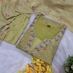Premium Chanderi Silk Butti 3-Piece Suit Set with Embroidered Neckline & Printed Dupatta