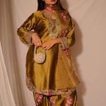 Designer Party Wear Japan Satin Top with Farshi Salwar & Organza Dupatta