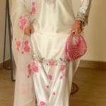 Designer Party Wear Japan Satin Top with Farshi Salwar & Organza Dupatta