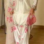 Designer Party Wear Japan Satin Top with Farshi Salwar & Organza Dupatta