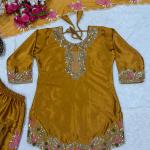 Designer Party Wear Japan Satin Top with Farshi Salwar & Organza Dupatta