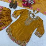 Designer Party Wear Japan Satin Top with Farshi Salwar & Organza Dupatta