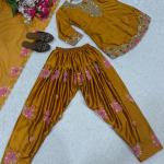 Designer Party Wear Japan Satin Top with Farshi Salwar & Organza Dupatta