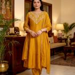 Designer Party Wear Pure Vichitra Anarkali Kurta Pant Set with Embroidered Dupatta