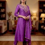 Designer Party Wear Pure Vichitra Anarkali Kurta Pant Set with Embroidered Dupatta