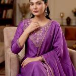 Designer Party Wear Pure Vichitra Anarkali Kurta Pant Set with Embroidered Dupatta