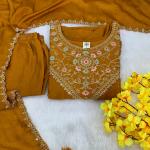 Designer Party Wear Pure Vichitra Anarkali Kurta Pant Set with Embroidered Dupatta