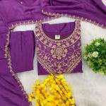 Designer Party Wear Pure Vichitra Anarkali Kurta Pant Set with Embroidered Dupatta