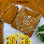 Designer Party Wear Pure Vichitra Anarkali Kurta Pant Set with Embroidered Dupatta