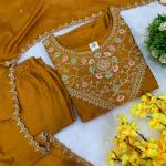 Designer Party Wear Pure Vichitra Anarkali Kurta Pant Set with Embroidered Dupatta