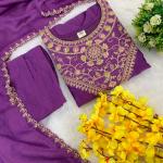 Designer Party Wear Pure Vichitra Anarkali Kurta Pant Set with Embroidered Dupatta