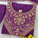 Designer Party Wear Pure Vichitra Anarkali Kurta Pant Set with Embroidered Dupatta