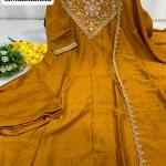 Designer Party Wear Pure Vichitra Anarkali Kurta Pant Set with Embroidered Dupatta